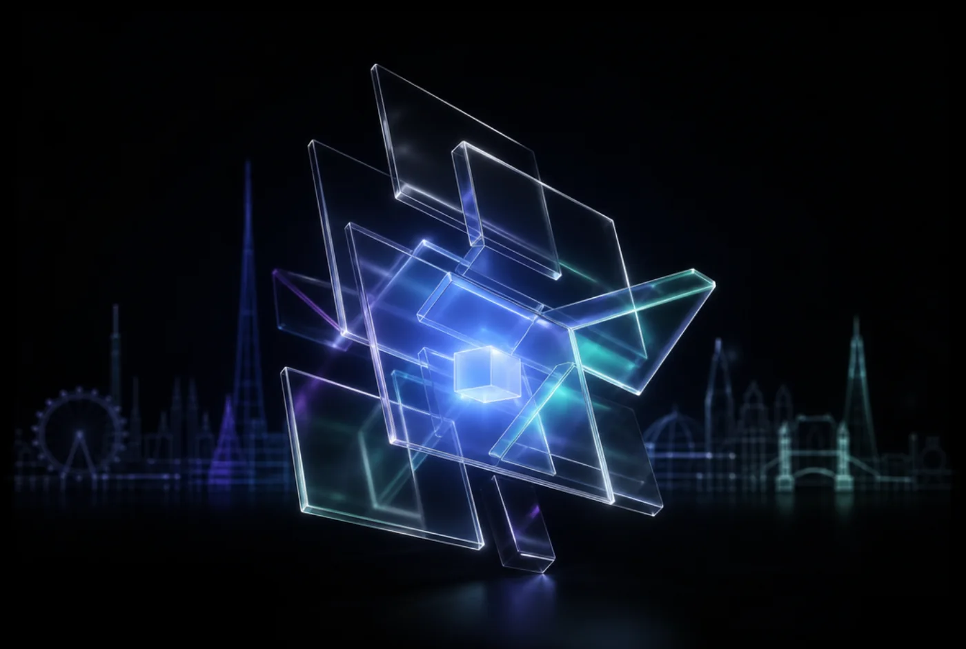 Abstract glass prisms around a glowing core with a faint London skyline
