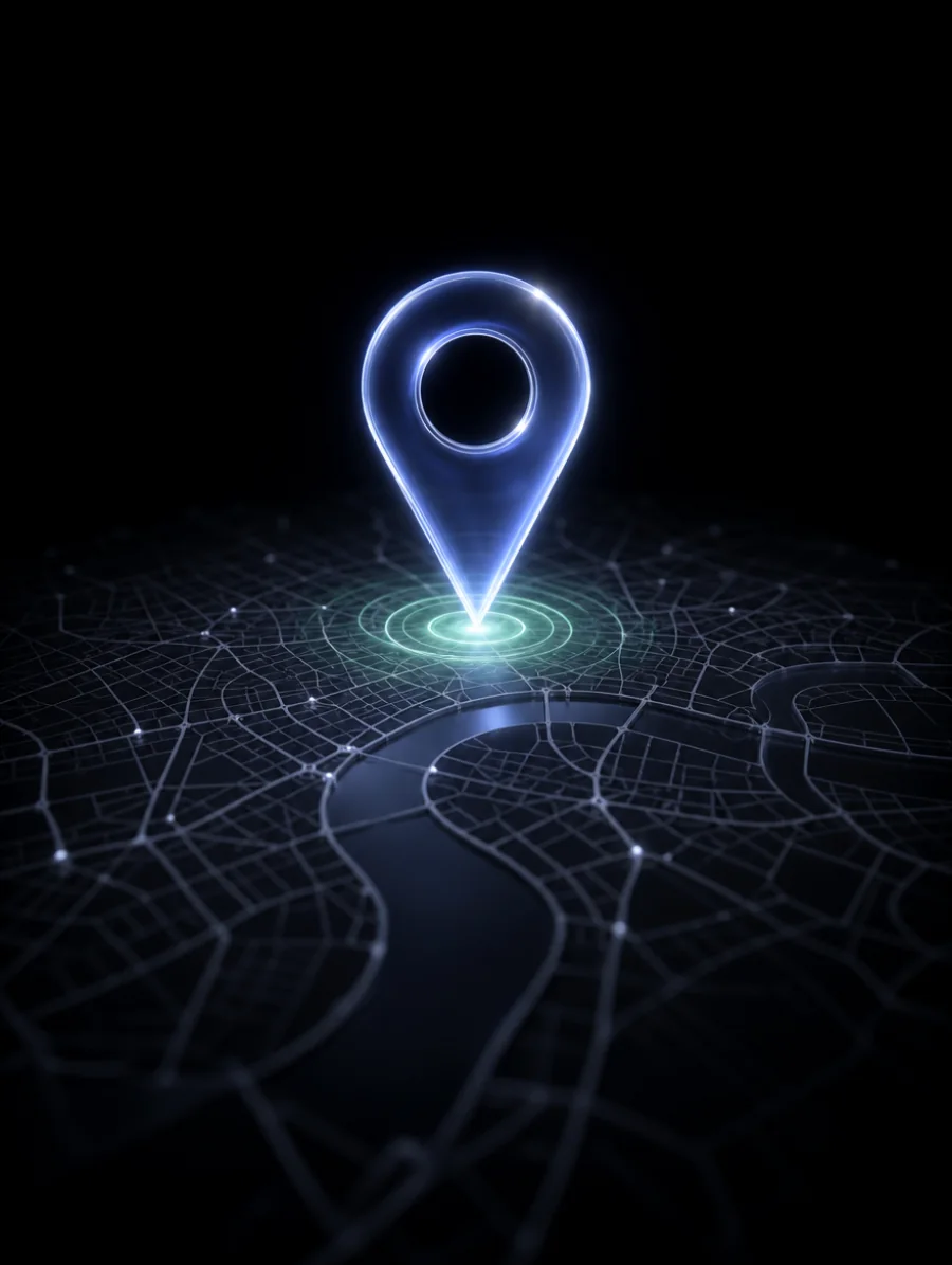 Glowing location pin hovering above a stylised map of London
