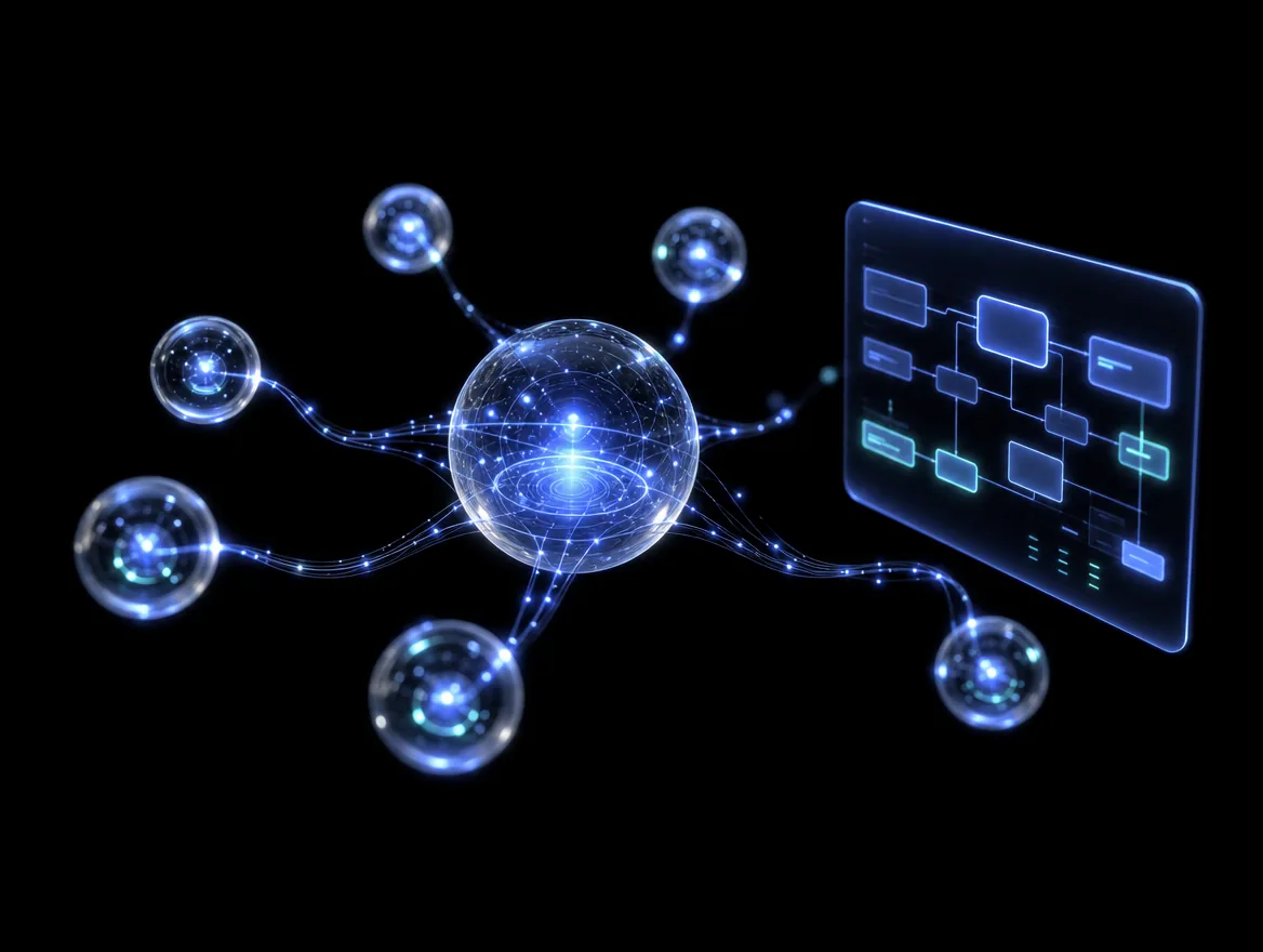 Glowing orbs representing AI agents linked to a central node beside a holographic task flow