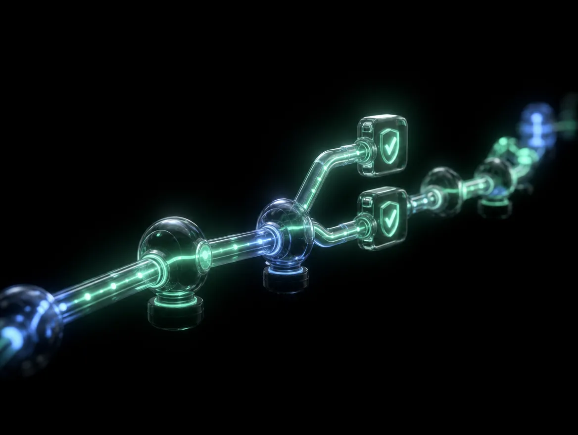 Glass pipeline with glowing pulses of light flowing through connected nodes