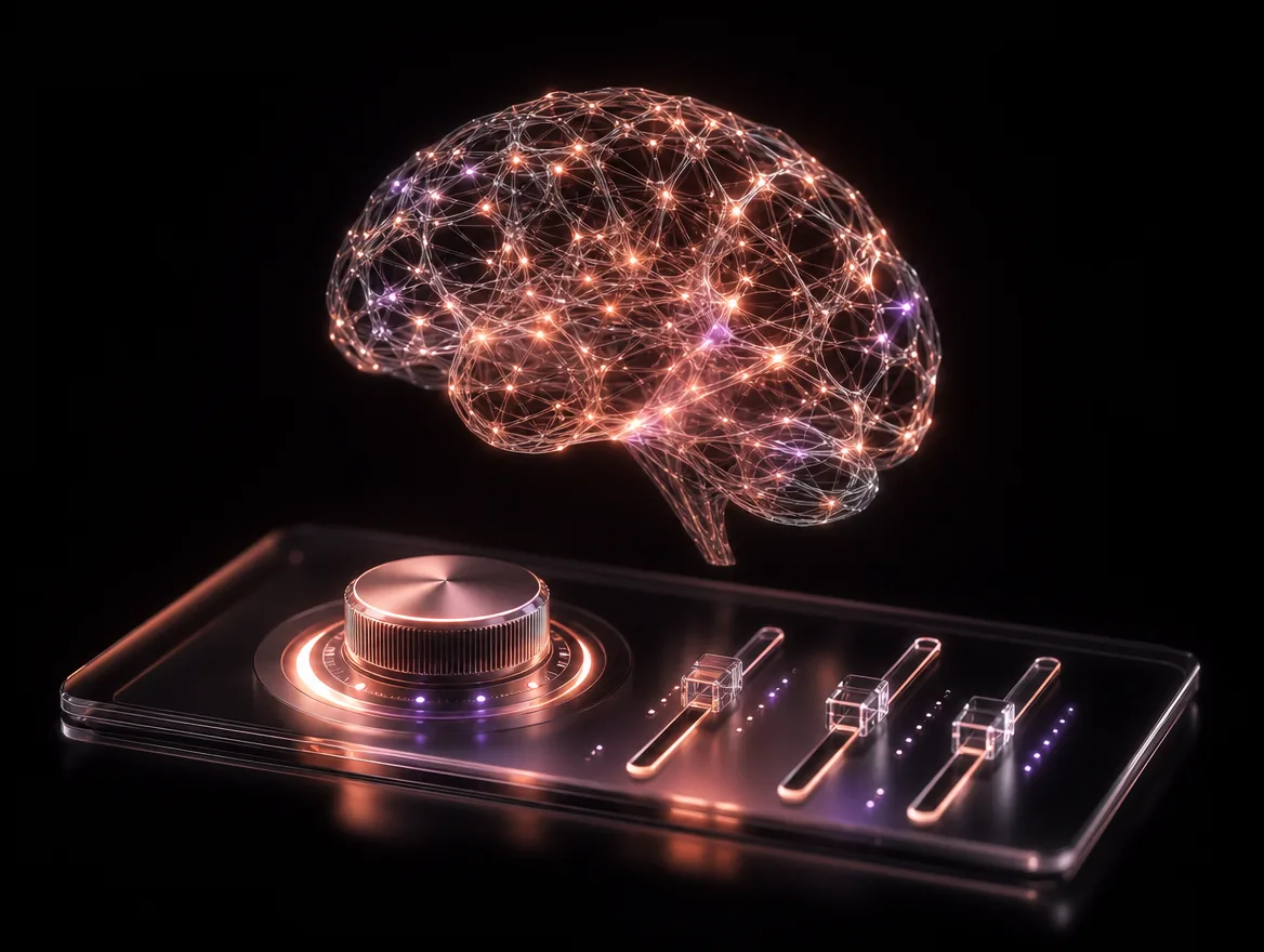 Glowing neural lattice above a glass control surface with a precision dial and sliders