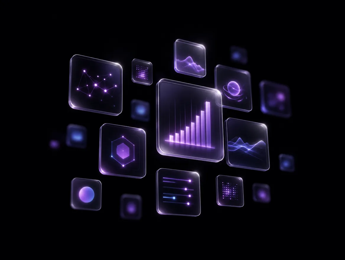 Floating translucent app tiles and widget cards arranged in a loose grid
